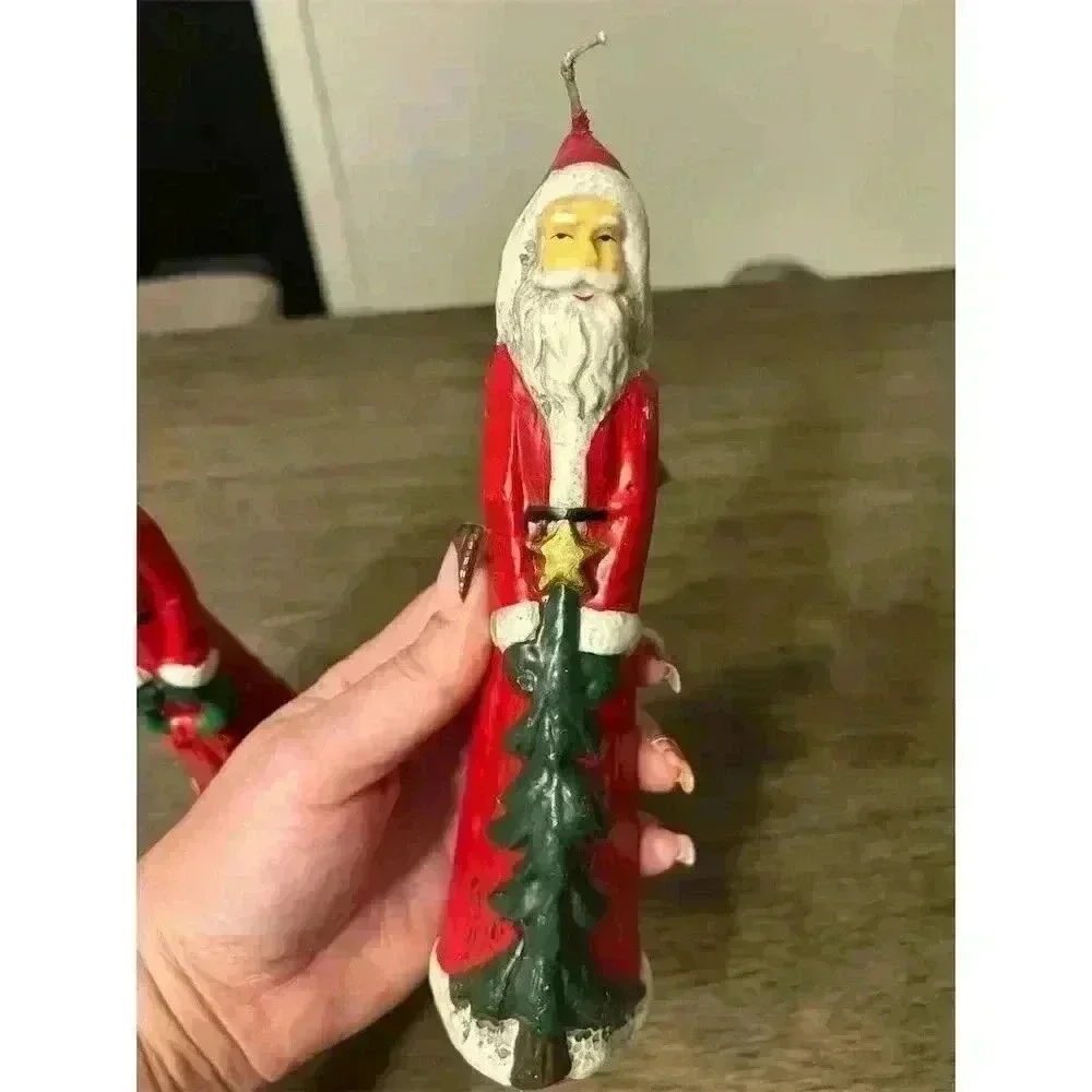 Vintage Set of 3 tall Santa Folk Art Wax Holiday Candles Christmas